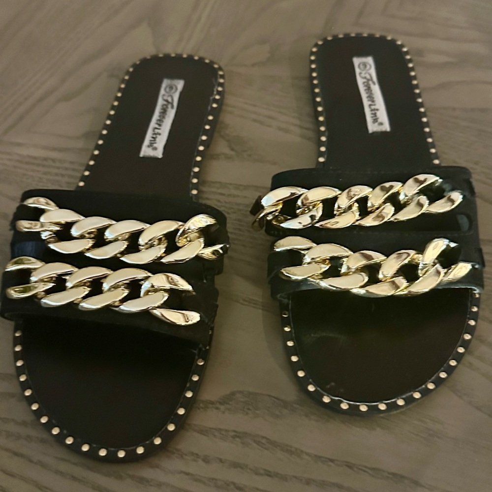 Forever Link Black and Gold Chain Sandals